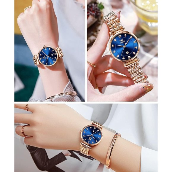 Women Rose Gold Stainless Steel Band Blue Dial Quartz Small Face Watch main image 11